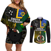 Personalised South Sea Islanders Couples Matching Off Shoulder Short Dress and Long Sleeve Button Shirts Kanakas With Vanuatu Coat Of Arms LT14 Black - Polynesian Pride