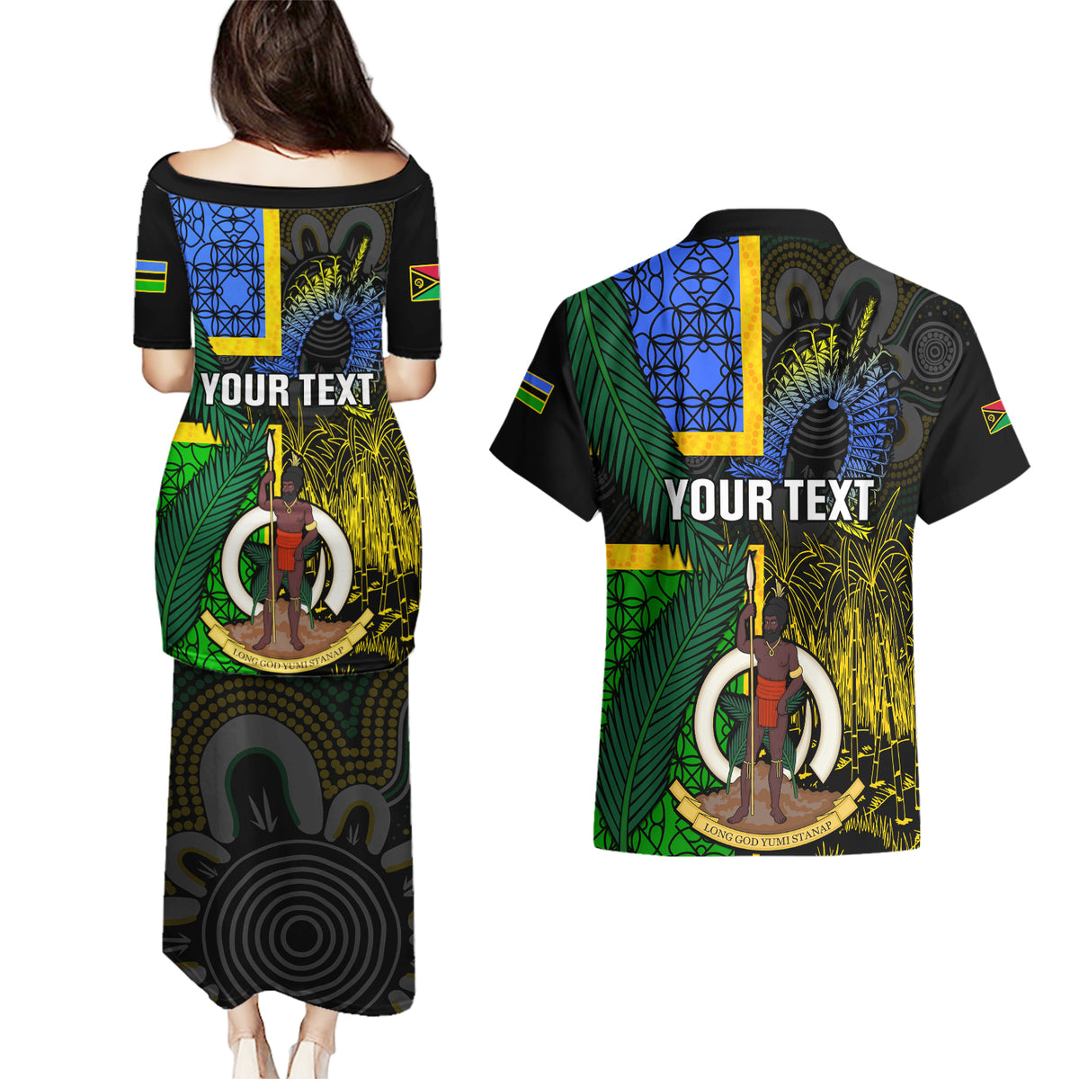 Personalised South Sea Islanders Couples Matching Puletasi Dress and Hawaiian Shirt Kanakas With Vanuatu Coat Of Arms LT14 - Polynesian Pride