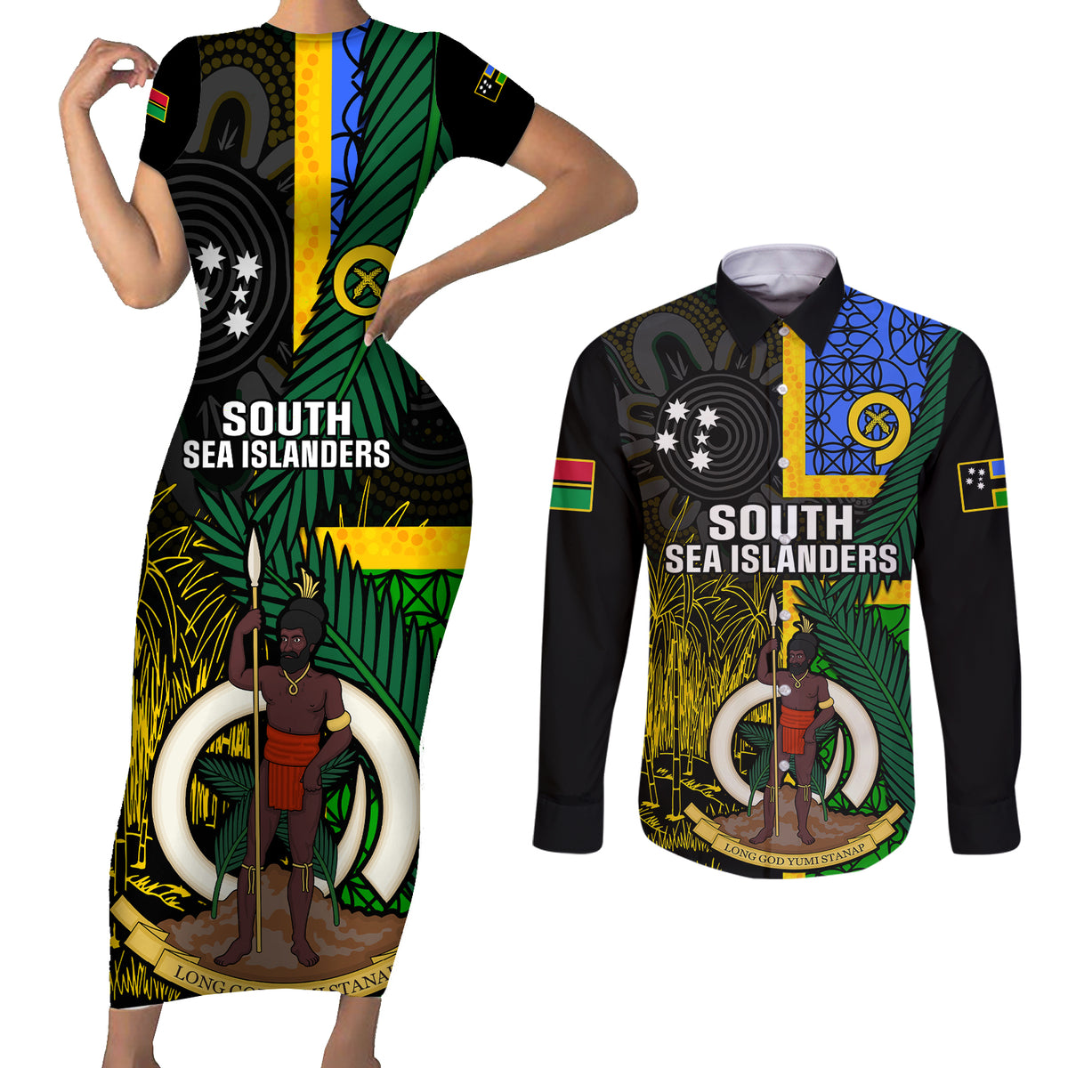 Personalised South Sea Islanders Couples Matching Short Sleeve Bodycon Dress and Long Sleeve Button Shirts Kanakas With Vanuatu Coat Of Arms LT14 Black - Polynesian Pride