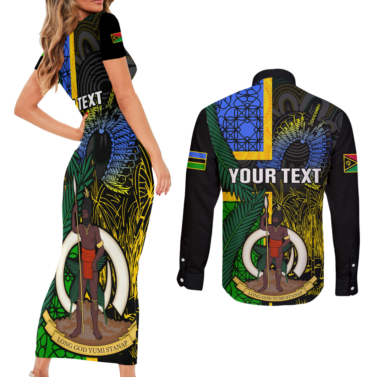 Personalised South Sea Islanders Couples Matching Short Sleeve Bodycon Dress and Long Sleeve Button Shirts Kanakas With Vanuatu Coat Of Arms LT14 - Polynesian Pride