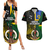 Personalised South Sea Islanders Couples Matching Summer Maxi Dress and Hawaiian Shirt Kanakas With Vanuatu Coat Of Arms LT14 Black - Polynesian Pride