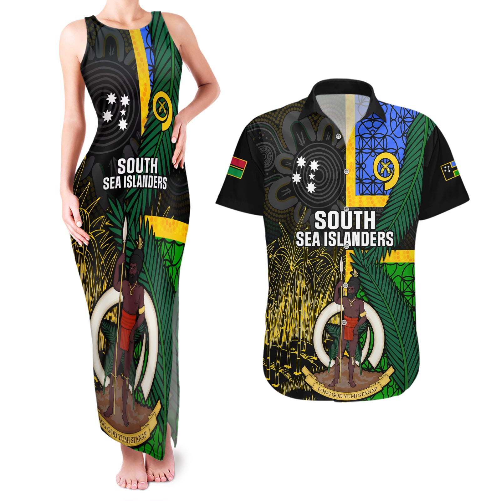 Personalised South Sea Islanders Couples Matching Tank Maxi Dress and Hawaiian Shirt Kanakas With Vanuatu Coat Of Arms LT14 Black - Polynesian Pride
