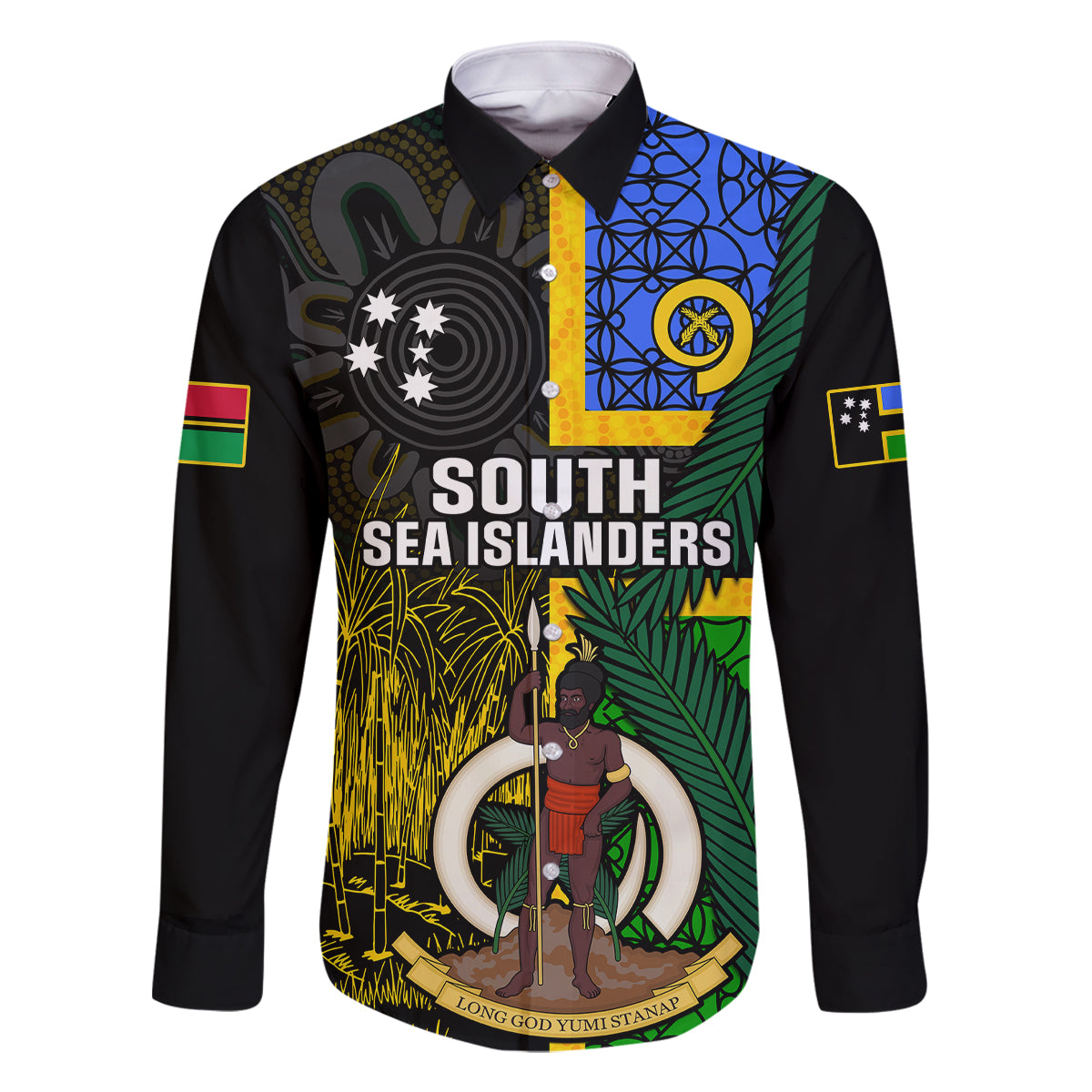Personalised South Sea Islanders Family Matching Off Shoulder Maxi Dress and Hawaiian Shirt Kanakas With Vanuatu Coat Of Arms LT14 Dad's Shirt - Long Sleeve Black - Polynesian Pride