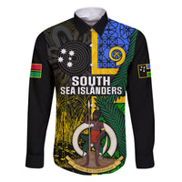 Personalised South Sea Islanders Family Matching Off Shoulder Maxi Dress and Hawaiian Shirt Kanakas With Vanuatu Coat Of Arms LT14 Dad's Shirt - Long Sleeve Black - Polynesian Pride