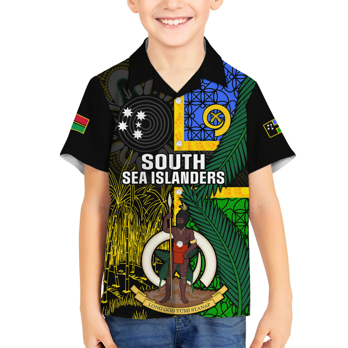 Personalised South Sea Islanders Family Matching Off Shoulder Short Dress and Hawaiian Shirt Kanakas With Vanuatu Coat Of Arms LT14 Son's Shirt Black - Polynesian Pride