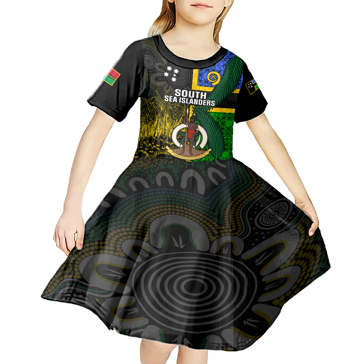 Personalised South Sea Islanders Kid Short Sleeve Dress Kanakas With Vanuatu Coat Of Arms LT14 - Polynesian Pride