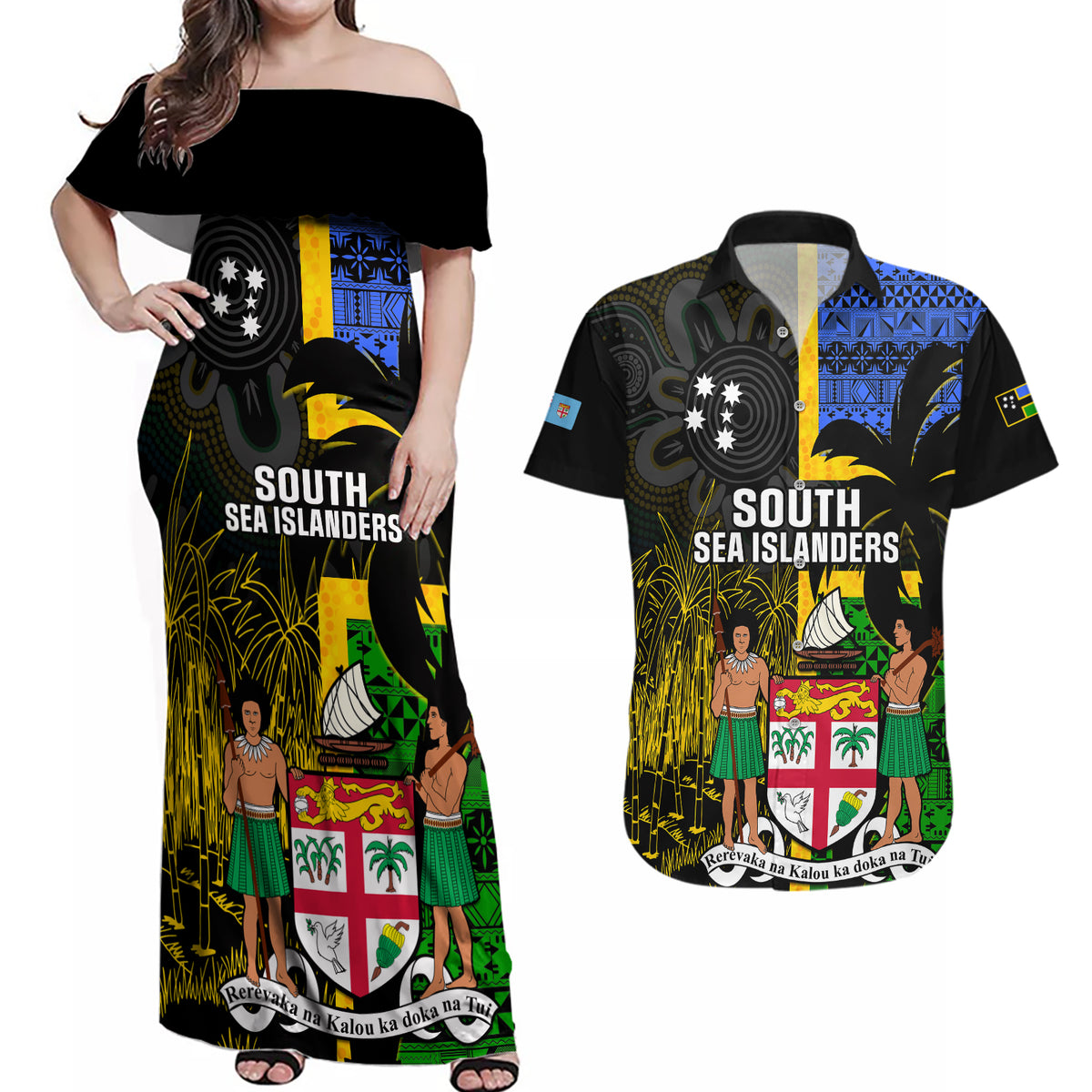Personalised South Sea Islanders Couples Matching Off Shoulder Maxi Dress and Hawaiian Shirt Kanakas With Fiji Coat Of Arms LT14 Black - Polynesian Pride