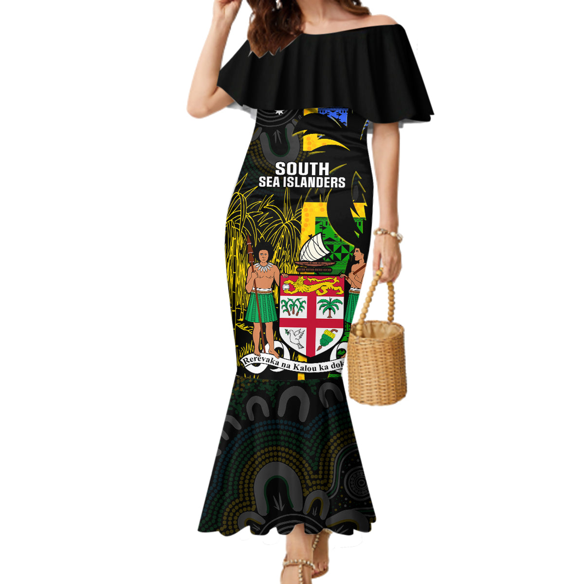 Personalised South Sea Islanders Family Matching Mermaid Dress and Hawaiian Shirt Kanakas With Fiji Coat Of Arms LT14 Mom's Dress Black - Polynesian Pride