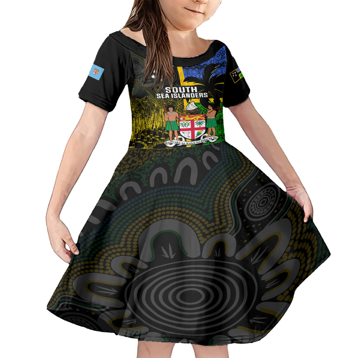 Personalised South Sea Islanders Family Matching Off Shoulder Short Dress and Hawaiian Shirt Kanakas With Fiji Coat Of Arms LT14 Daughter's Dress Black - Polynesian Pride