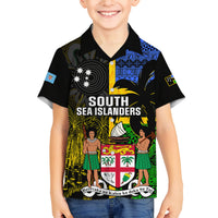 Personalised South Sea Islanders Family Matching Off Shoulder Short Dress and Hawaiian Shirt Kanakas With Fiji Coat Of Arms LT14 Son's Shirt Black - Polynesian Pride