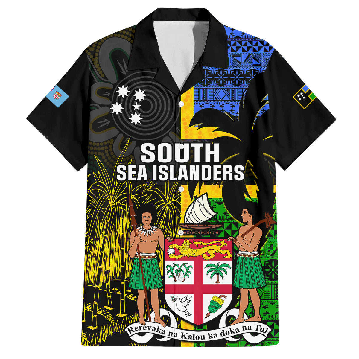 Personalised South Sea Islanders Family Matching Puletasi Dress and Hawaiian Shirt Kanakas With Fiji Coat Of Arms LT14 Dad's Shirt - Short Sleeve Black - Polynesian Pride