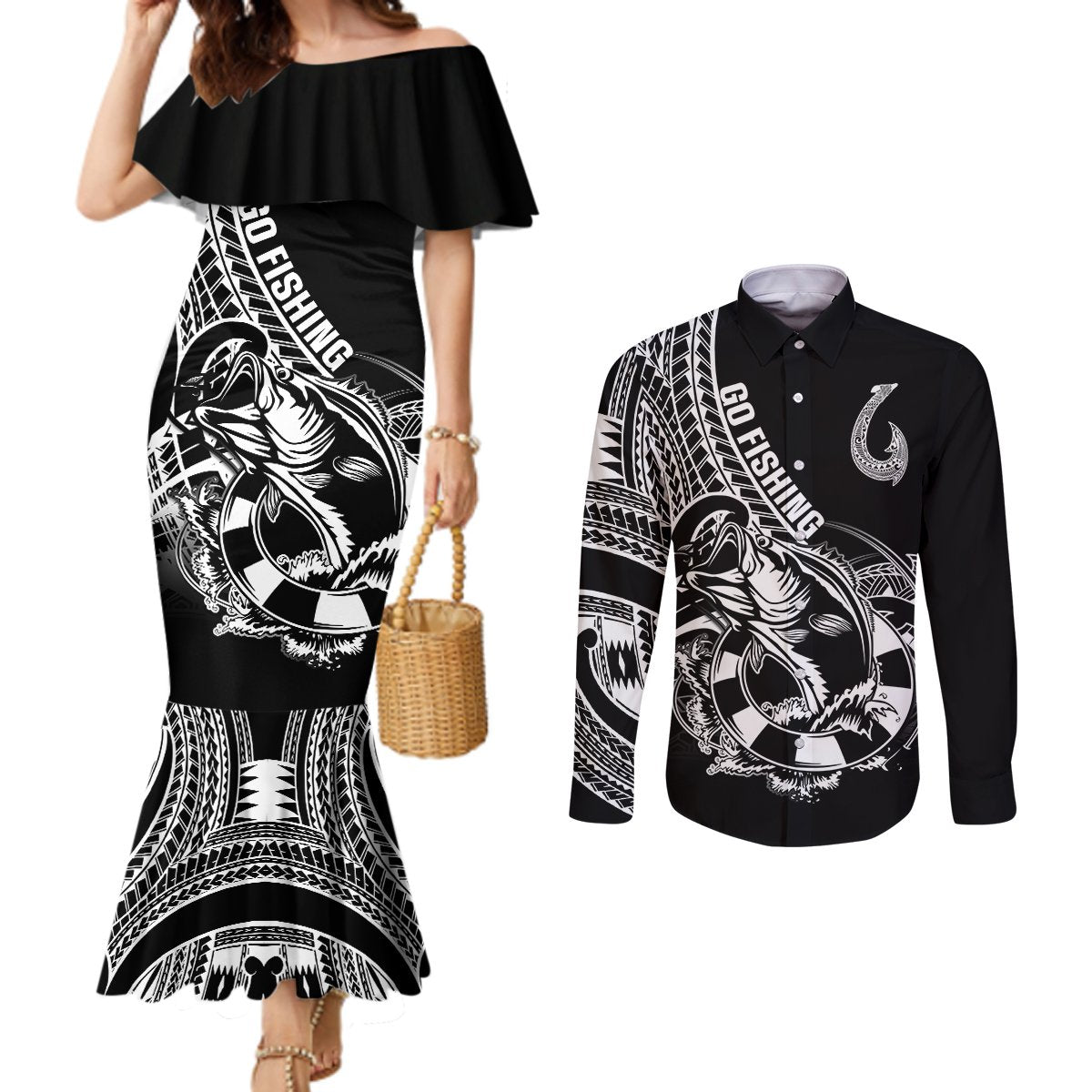 Personalised Polynesia Couples Matching Mermaid Dress and Long Sleeve Button Shirts Fish Hook Tattoo Go Fishing Polynesian Pattern Black LT14 Black - Polynesian Pride