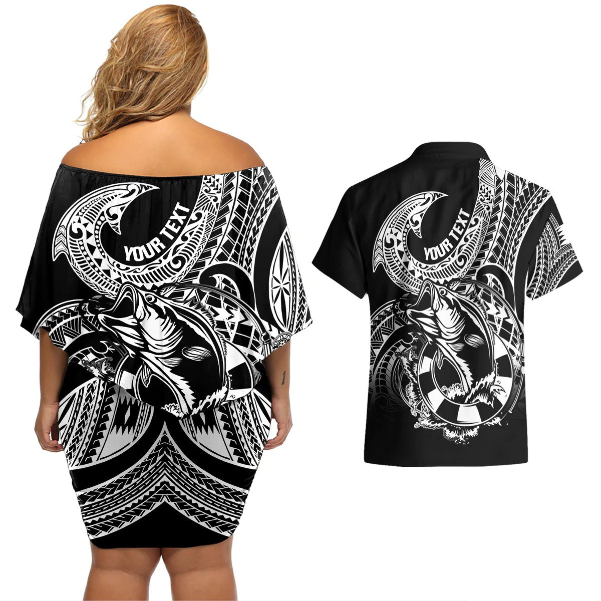 Personalised Polynesia Couples Matching Off Shoulder Short Dress and Hawaiian Shirt Fish Hook Tattoo Go Fishing Polynesian Pattern Black LT14 - Polynesian Pride