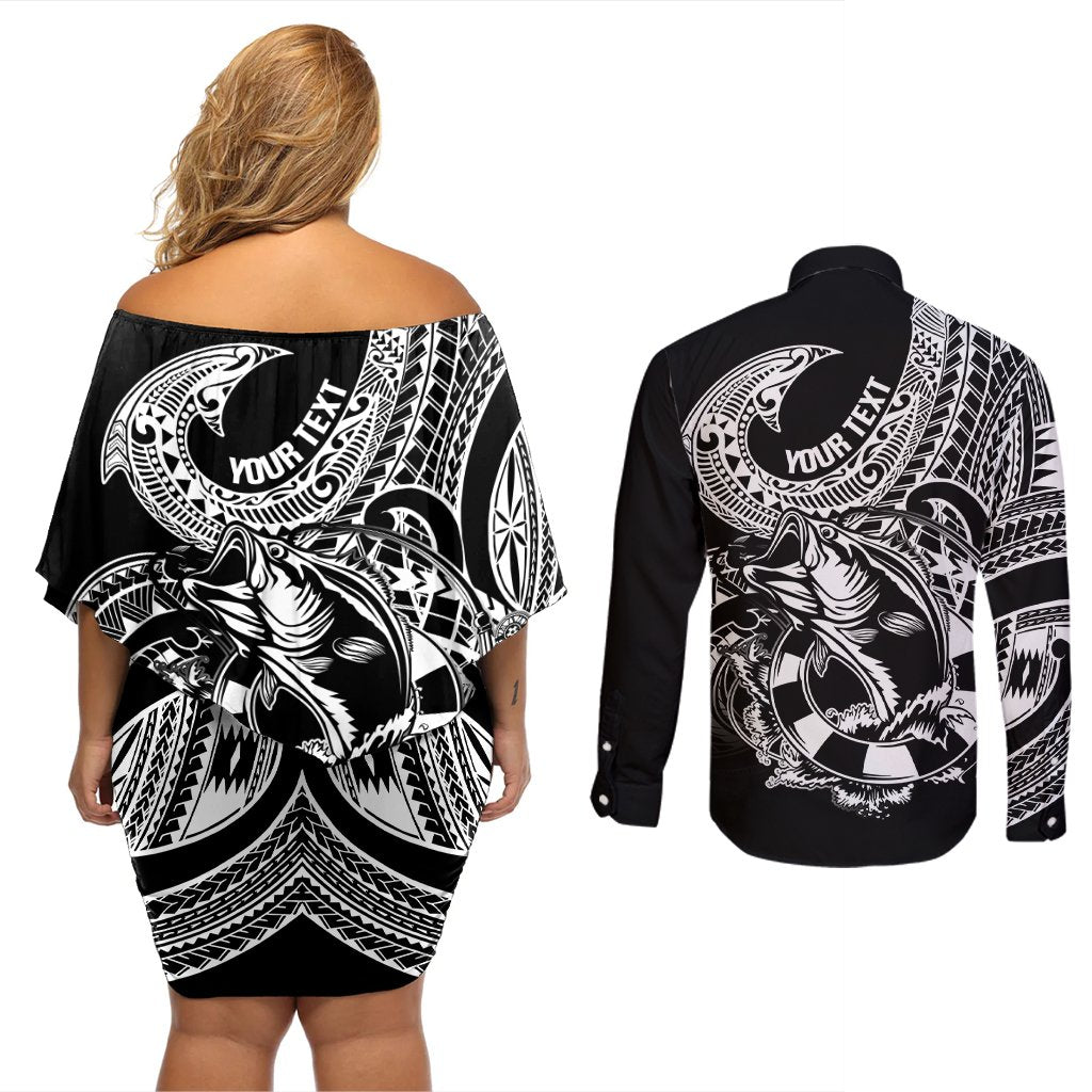 Personalised Polynesia Couples Matching Off Shoulder Short Dress and Long Sleeve Button Shirts Fish Hook Tattoo Go Fishing Polynesian Pattern Black LT14 - Polynesian Pride