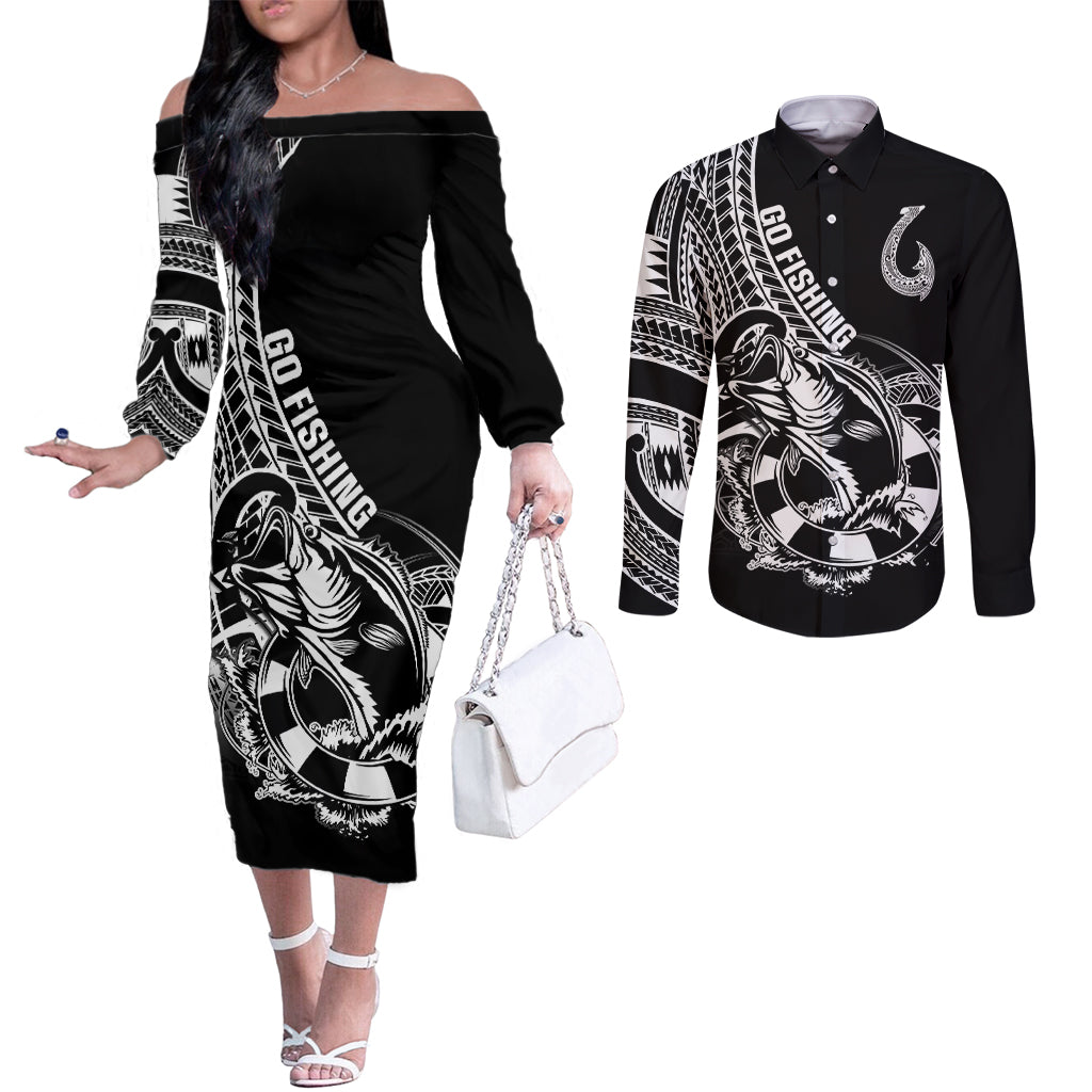 Personalised Polynesia Couples Matching Off The Shoulder Long Sleeve Dress and Long Sleeve Button Shirts Fish Hook Tattoo Go Fishing Polynesian Pattern Black LT14 Black - Polynesian Pride