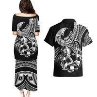 Personalised Polynesia Couples Matching Puletasi Dress and Hawaiian Shirt Fish Hook Tattoo Go Fishing Polynesian Pattern Black LT14 - Polynesian Pride