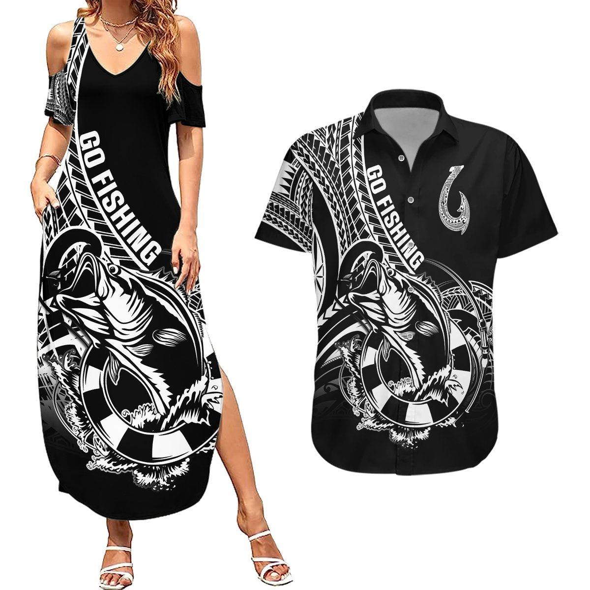 Personalised Polynesia Couples Matching Summer Maxi Dress and Hawaiian Shirt Fish Hook Tattoo Go Fishing Polynesian Pattern Black LT14 Black - Polynesian Pride