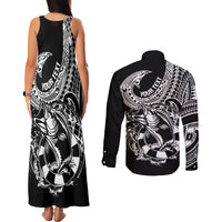 Personalised Polynesia Couples Matching Tank Maxi Dress and Long Sleeve Button Shirts Fish Hook Tattoo Go Fishing Polynesian Pattern Black LT14 - Polynesian Pride