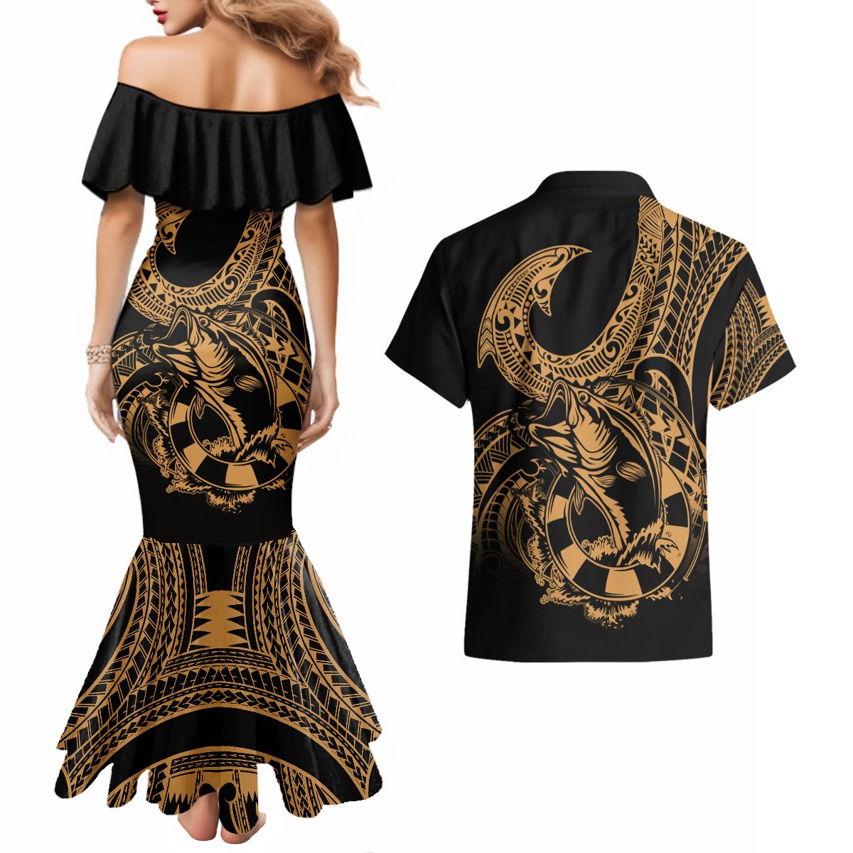 Polynesia Couples Matching Mermaid Dress and Hawaiian Shirt Fish Hook Tattoo Go Fishing Polynesian Pattern Gold LT14 - Polynesian Pride
