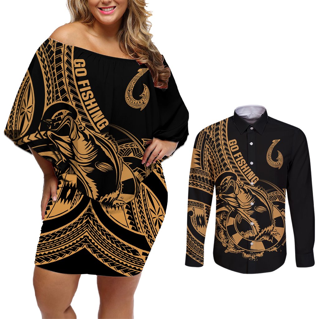 Polynesia Couples Matching Off Shoulder Short Dress and Long Sleeve Button Shirts Fish Hook Tattoo Go Fishing Polynesian Pattern Gold LT14 Gold - Polynesian Pride
