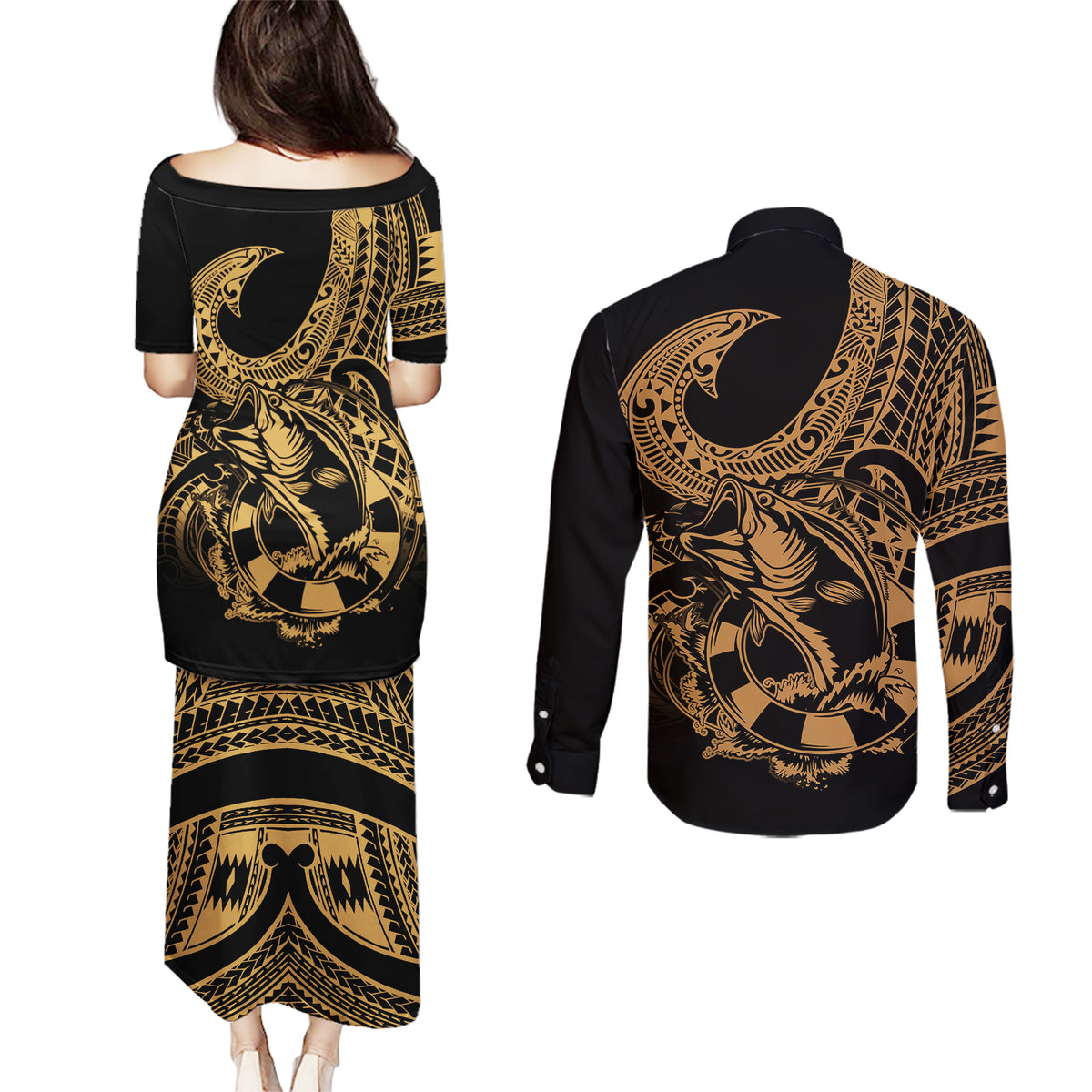 polynesia-couples-matching-puletasi-dress-and-long-sleeve-button-shirts-fish-hook-tattoo-go-fishing-polynesian-pattern-gold