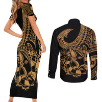 polynesia-couples-matching-short-sleeve-bodycon-dress-and-long-sleeve-button-shirts-fish-hook-tattoo-go-fishing-polynesian-pattern-gold