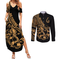 polynesia-couples-matching-summer-maxi-dress-and-long-sleeve-button-shirts-fish-hook-tattoo-go-fishing-polynesian-pattern-gold