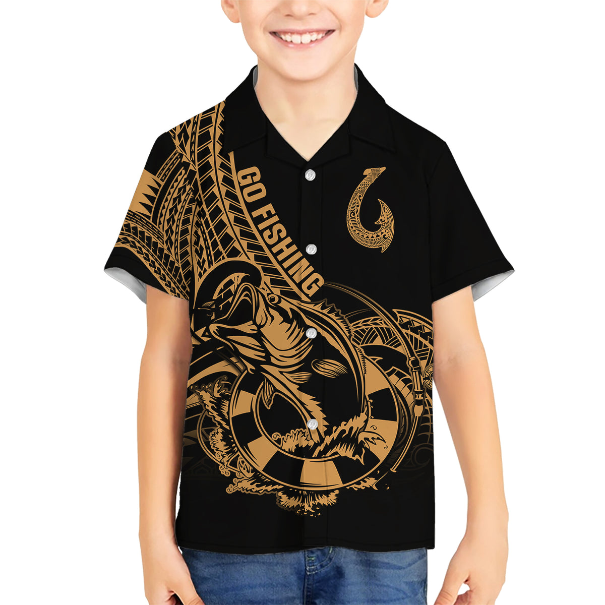 polynesia-family-matching-short-sleeve-bodycon-dress-and-hawaiian-shirt-fish-hook-tattoo-go-fishing-polynesian-pattern-gold