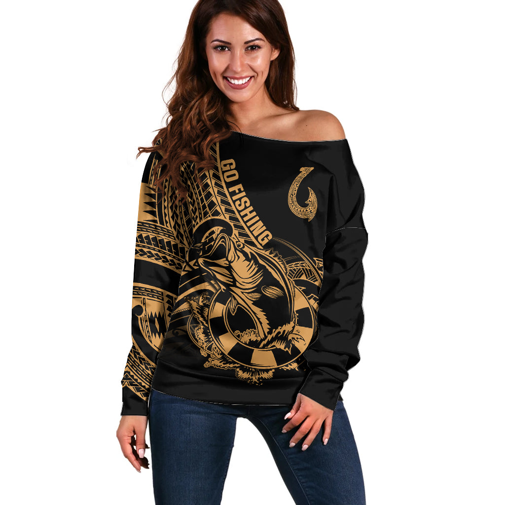 Polynesia Off Shoulder Sweater Fish Hook Tattoo Go Fishing Polynesian Pattern Gold LT14 Women Gold - Polynesian Pride