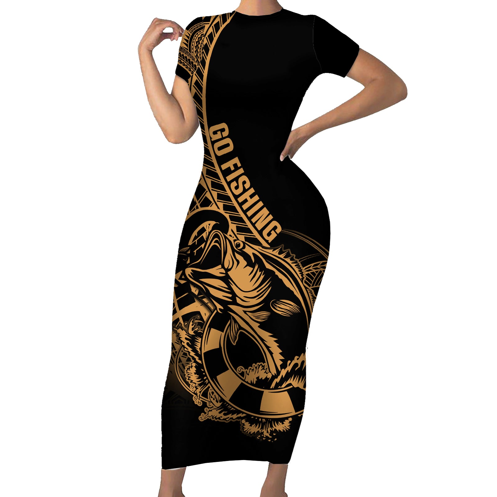 Polynesia Short Sleeve Bodycon Dress Fish Hook Tattoo Go Fishing Polynesian Pattern Gold LT14 Long Dress Gold - Polynesian Pride