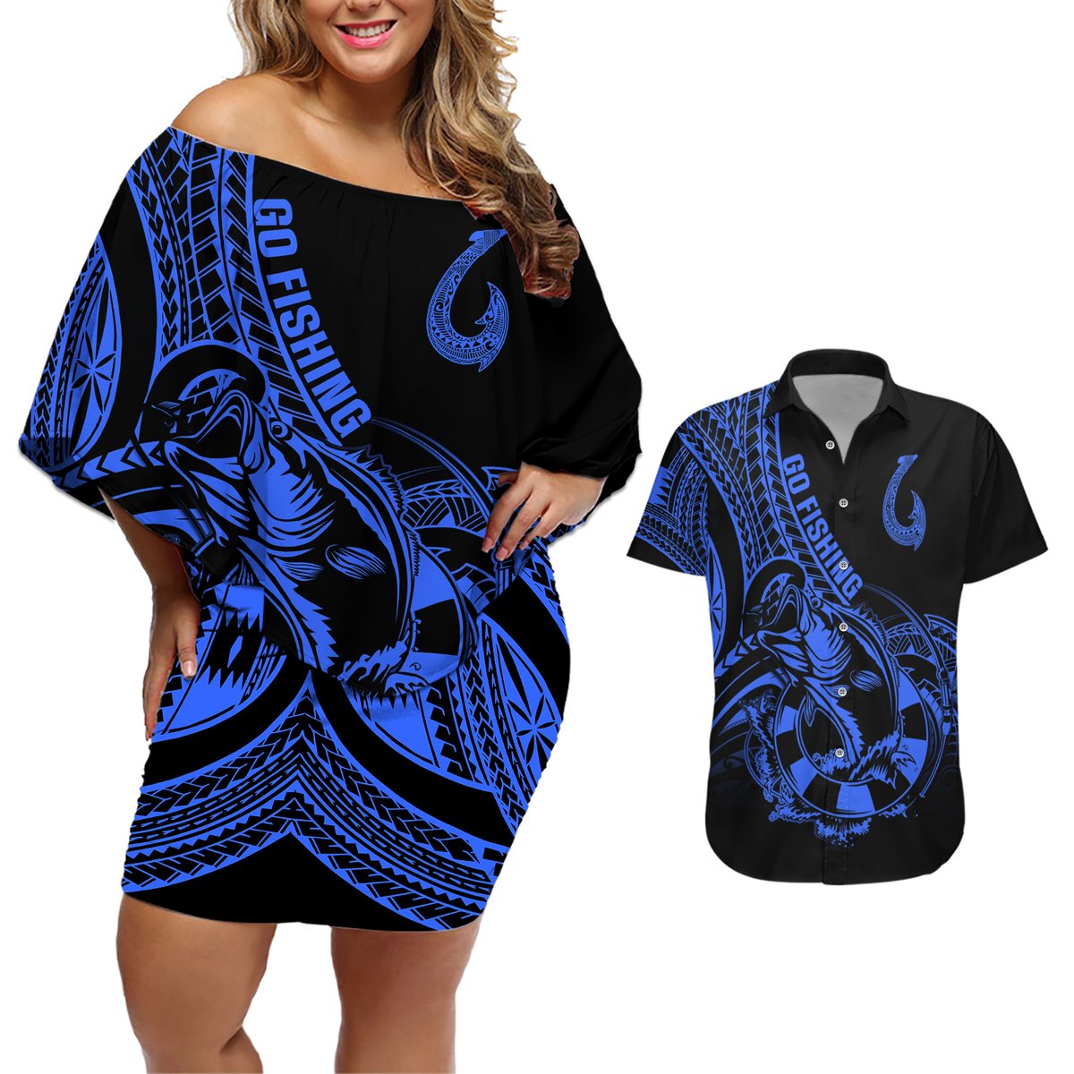 polynesia-couples-matching-off-shoulder-short-dress-and-hawaiian-shirt-fish-hook-tattoo-go-fishing-polynesian-pattern-blue