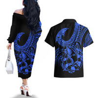 polynesia-couples-matching-off-the-shoulder-long-sleeve-dress-and-hawaiian-shirt-fish-hook-tattoo-go-fishing-polynesian-pattern-blue