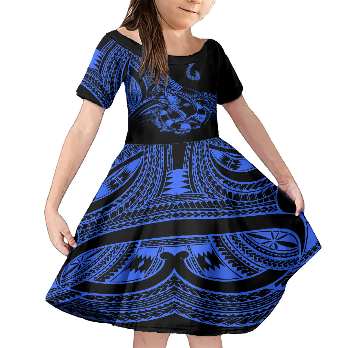 polynesia-kid-short-sleeve-dress-fish-hook-tattoo-go-fishing-polynesian-pattern-blue