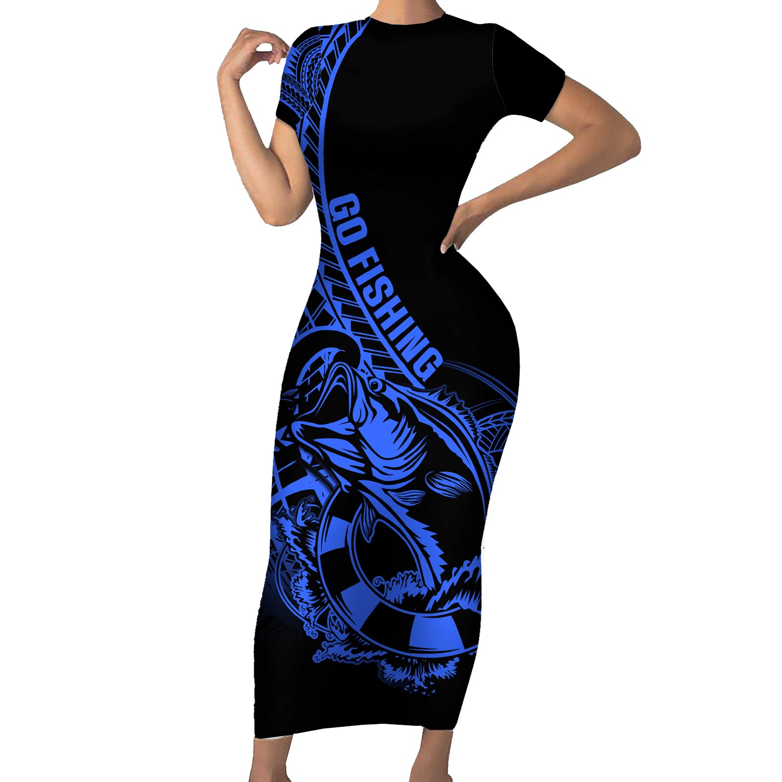 Polynesia Short Sleeve Bodycon Dress Fish Hook Tattoo Go Fishing Polynesian Pattern Blue LT14 Long Dress Blue - Polynesian Pride
