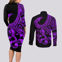 Polynesia Couples Matching Long Sleeve Bodycon Dress and Long Sleeve Button Shirts Fish Hook Tattoo Go Fishing Polynesian Pattern Purple LT14 - Polynesian Pride