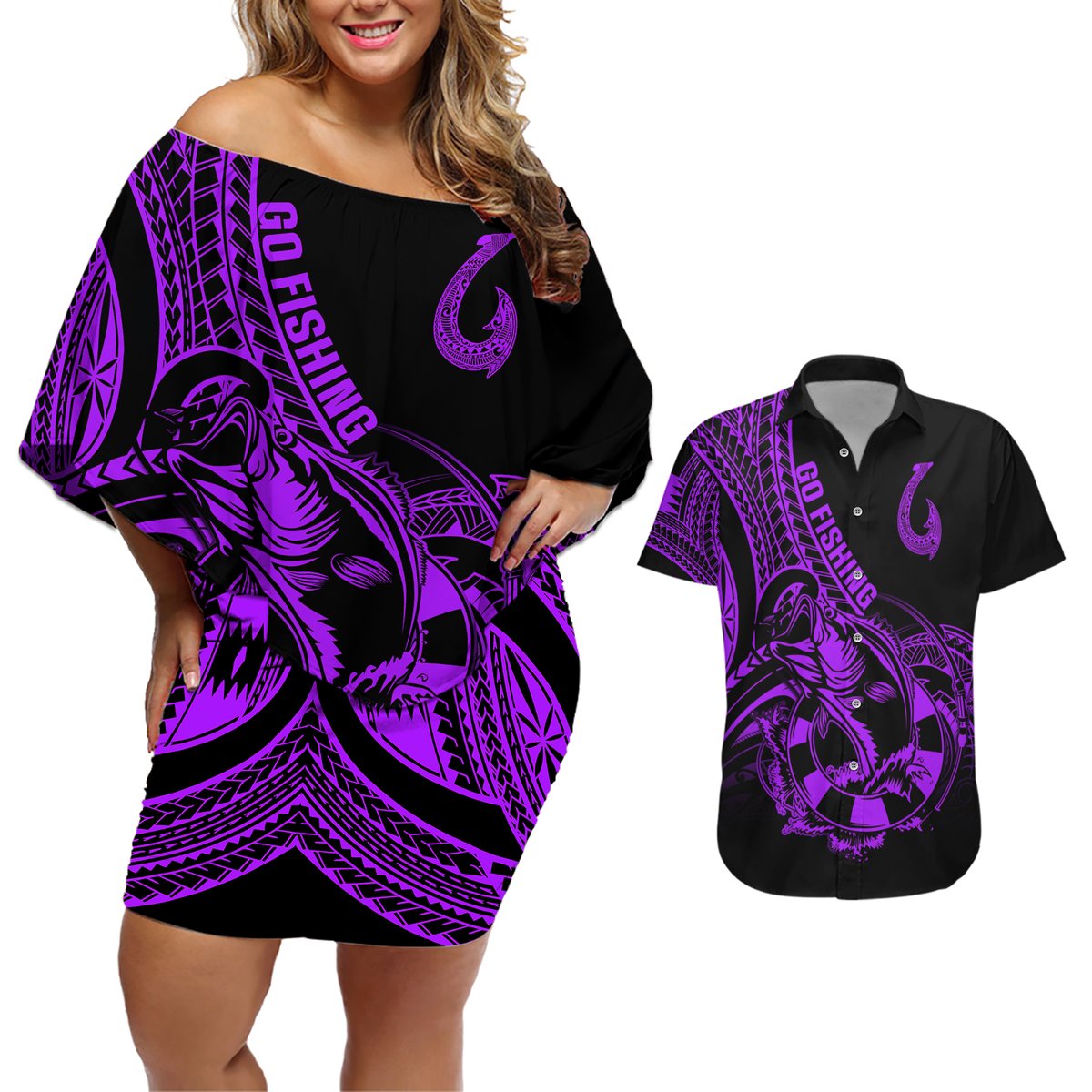 polynesia-couples-matching-off-shoulder-short-dress-and-hawaiian-shirt-fish-hook-tattoo-go-fishing-polynesian-pattern-purple