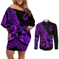 polynesia-couples-matching-off-shoulder-short-dress-and-long-sleeve-button-shirts-fish-hook-tattoo-go-fishing-polynesian-pattern-purple