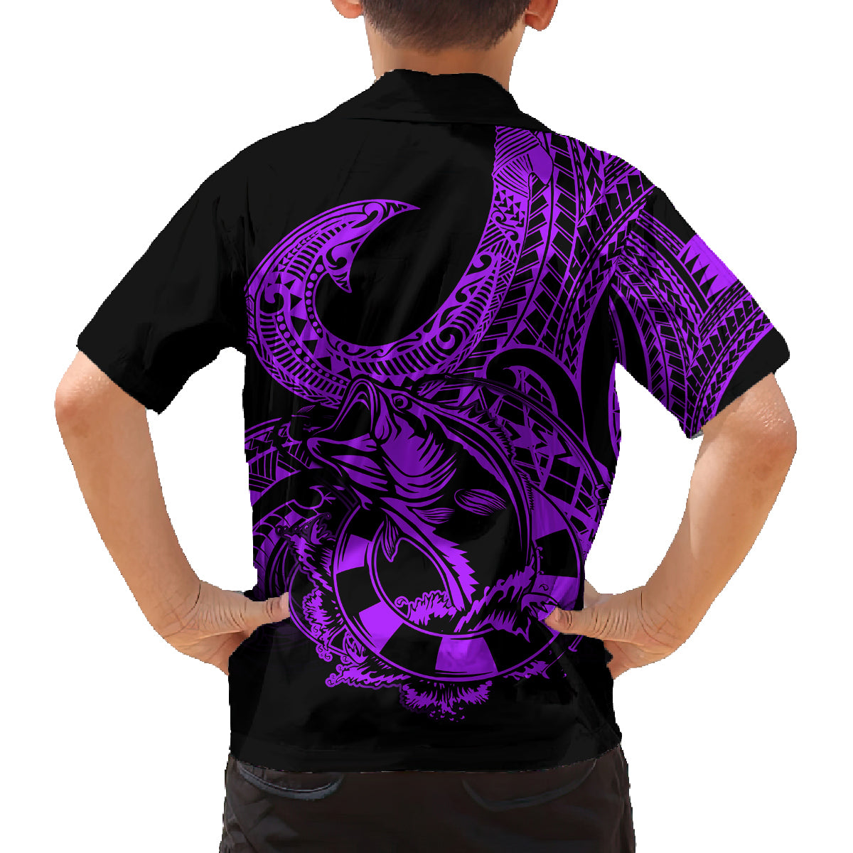 Polynesia Family Matching Long Sleeve Bodycon Dress and Hawaiian Shirt Fish Hook Tattoo Go Fishing Polynesian Pattern Purple LT14 - Polynesian Pride