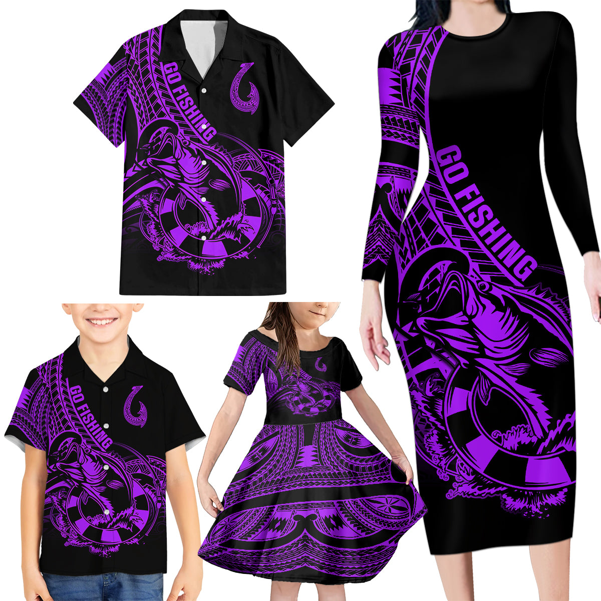 Polynesia Family Matching Long Sleeve Bodycon Dress and Hawaiian Shirt Fish Hook Tattoo Go Fishing Polynesian Pattern Purple LT14 - Polynesian Pride