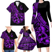 Polynesia Family Matching Long Sleeve Bodycon Dress and Hawaiian Shirt Fish Hook Tattoo Go Fishing Polynesian Pattern Purple LT14 - Polynesian Pride