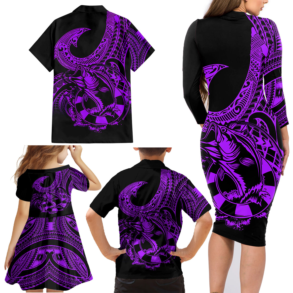 Polynesia Family Matching Long Sleeve Bodycon Dress and Hawaiian Shirt Fish Hook Tattoo Go Fishing Polynesian Pattern Purple LT14 - Polynesian Pride