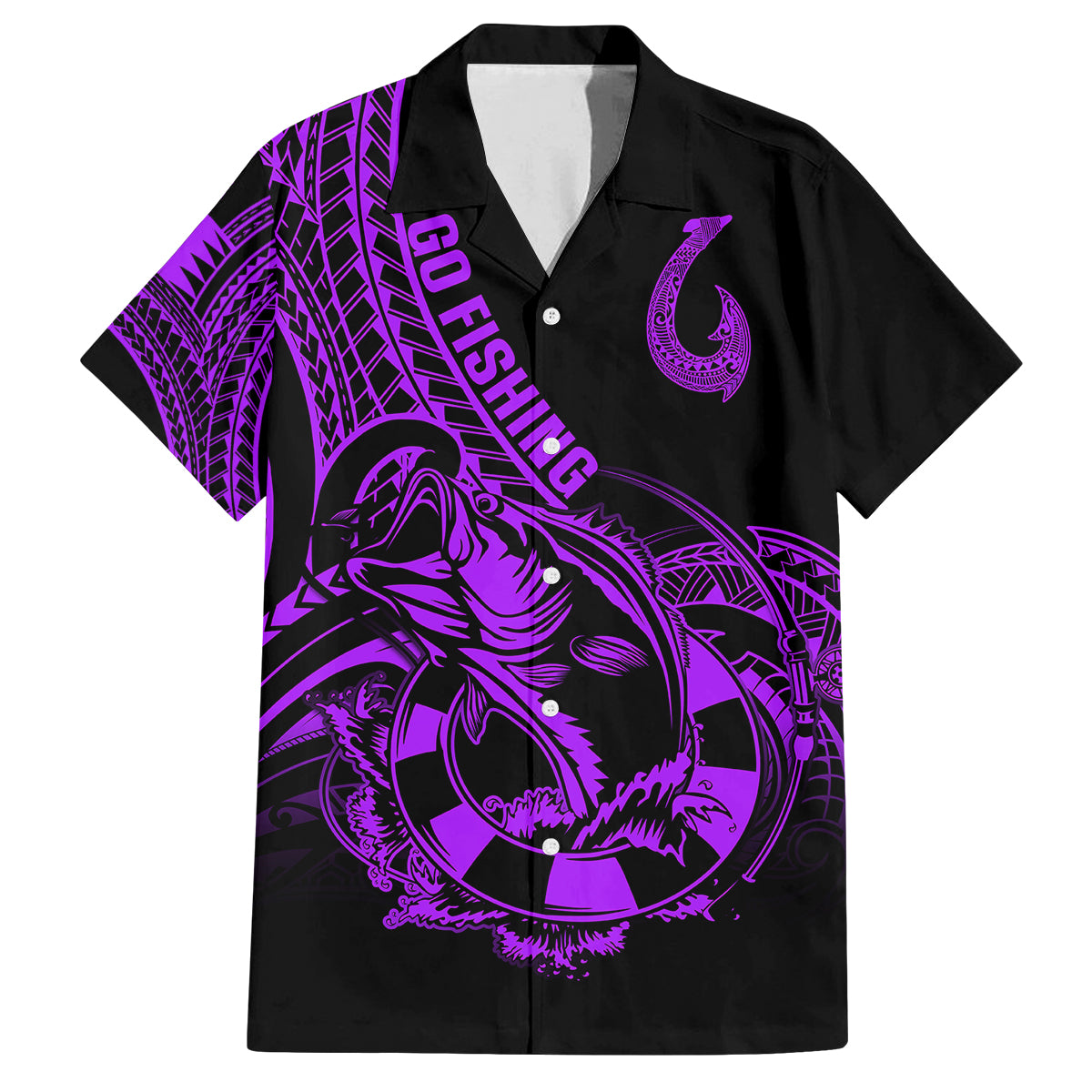 Polynesia Family Matching Long Sleeve Bodycon Dress and Hawaiian Shirt Fish Hook Tattoo Go Fishing Polynesian Pattern Purple LT14 Dad's Shirt - Short Sleeve Purple - Polynesian Pride