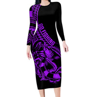 Polynesia Family Matching Long Sleeve Bodycon Dress and Hawaiian Shirt Fish Hook Tattoo Go Fishing Polynesian Pattern Purple LT14 Mom's Dress Purple - Polynesian Pride