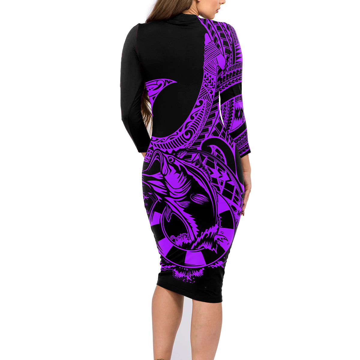 Polynesia Family Matching Long Sleeve Bodycon Dress and Hawaiian Shirt Fish Hook Tattoo Go Fishing Polynesian Pattern Purple LT14 - Polynesian Pride