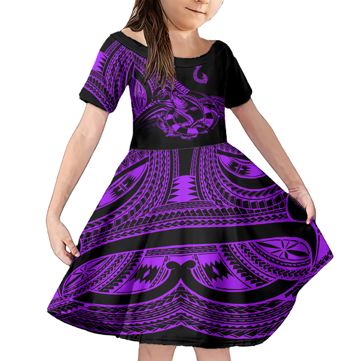 Polynesia Family Matching Short Sleeve Bodycon Dress and Hawaiian Shirt Fish Hook Tattoo Go Fishing Polynesian Pattern Purple LT14 Daughter's Dress Purple - Polynesian Pride