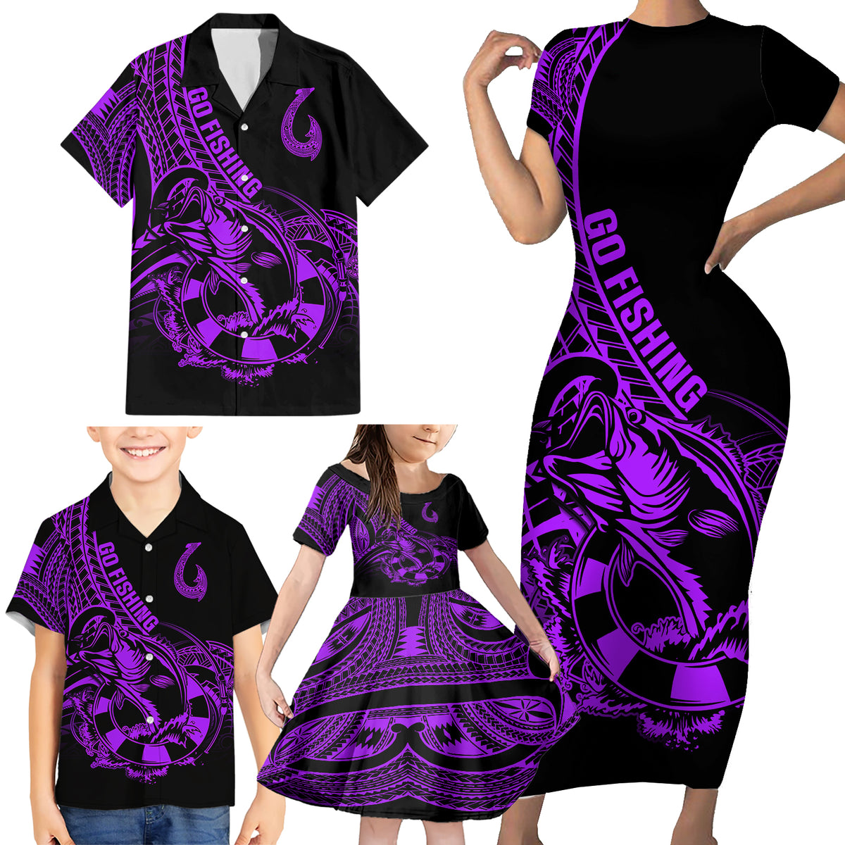 Polynesia Family Matching Short Sleeve Bodycon Dress and Hawaiian Shirt Fish Hook Tattoo Go Fishing Polynesian Pattern Purple LT14 - Polynesian Pride