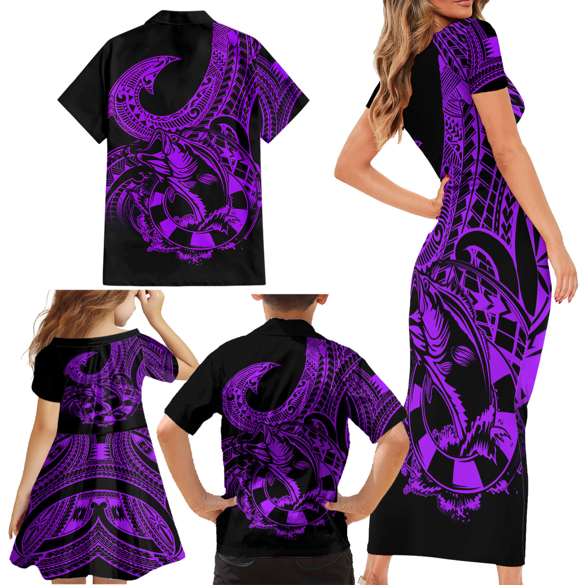 Polynesia Family Matching Short Sleeve Bodycon Dress and Hawaiian Shirt Fish Hook Tattoo Go Fishing Polynesian Pattern Purple LT14 - Polynesian Pride
