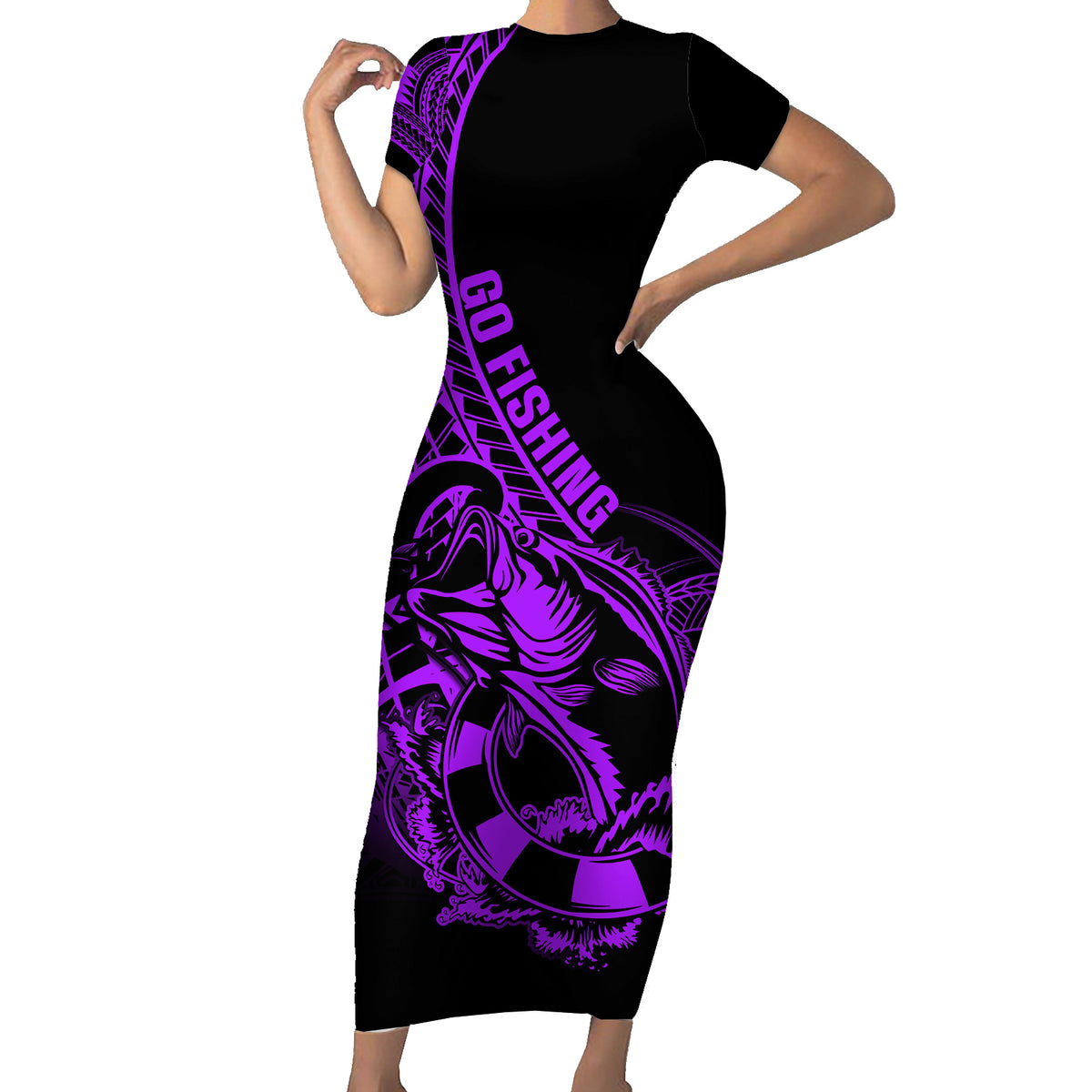 Polynesia Family Matching Short Sleeve Bodycon Dress and Hawaiian Shirt Fish Hook Tattoo Go Fishing Polynesian Pattern Purple LT14 Mom's Dress Purple - Polynesian Pride