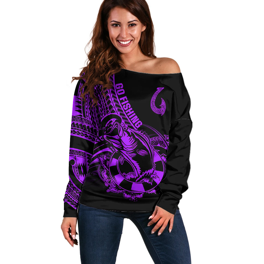 Polynesia Off Shoulder Sweater Fish Hook Tattoo Go Fishing Polynesian Pattern Purple LT14 Women Purple - Polynesian Pride
