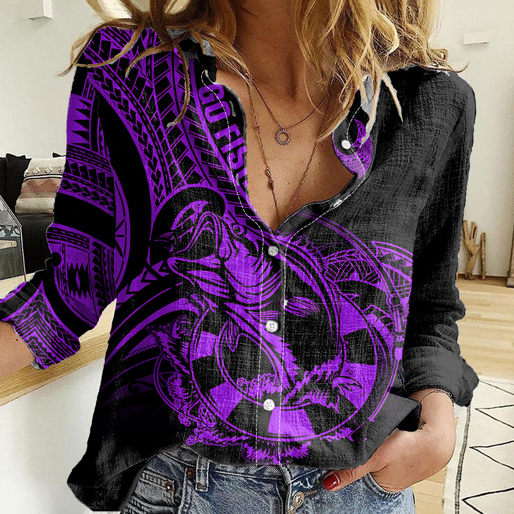 Polynesia Women Casual Shirt Fish Hook Tattoo Go Fishing Polynesian Pattern Purple LT14 Female Purple - Polynesian Pride